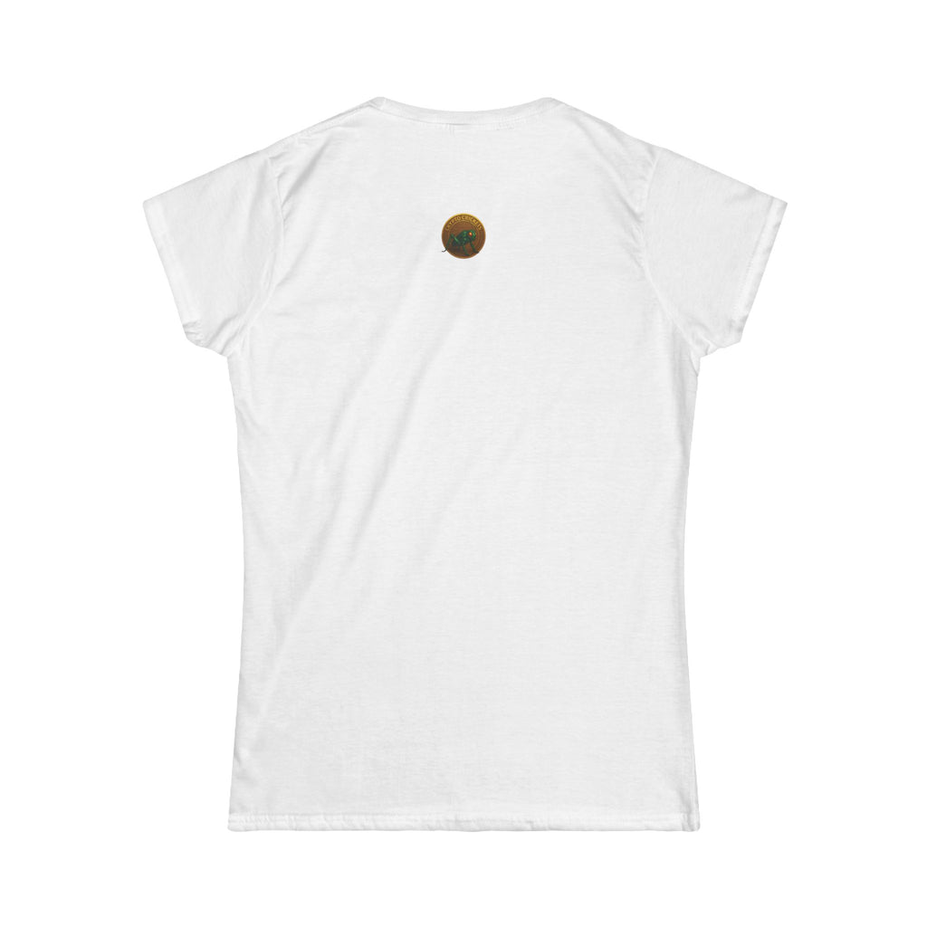 Ladies, this bold green bull says it all, A softstyle tee for women who move markets.