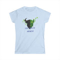 Ladies, this bold green bull says it all, A softstyle tee for women who move markets.